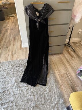 Vintage Neiman Marcus Black Velvet Maxi Dress with Satin Scarved Neck
